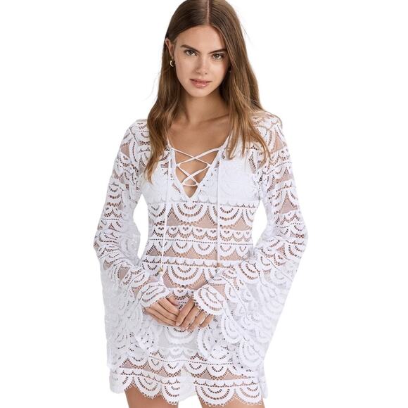 PQ Swim Water Lily Noah Tunic M/L White Lace Coverup Bell Sleeve Chic Resort - Picture 1 of 7